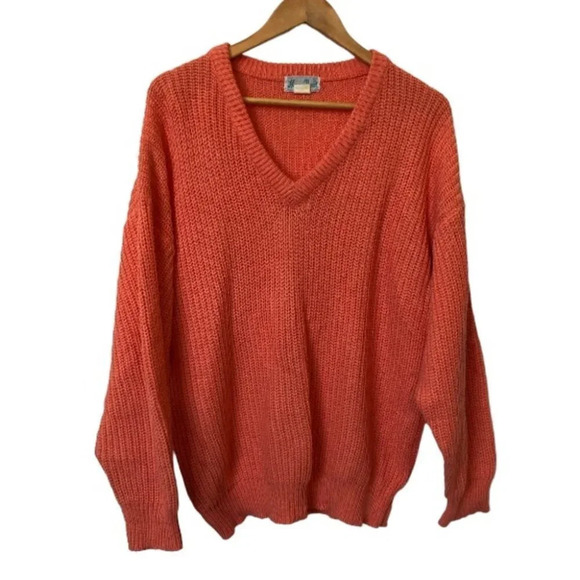 Vintage Heart Beat  Chunky Neon Orange V-Neck Sweater - Picture 1 of 6